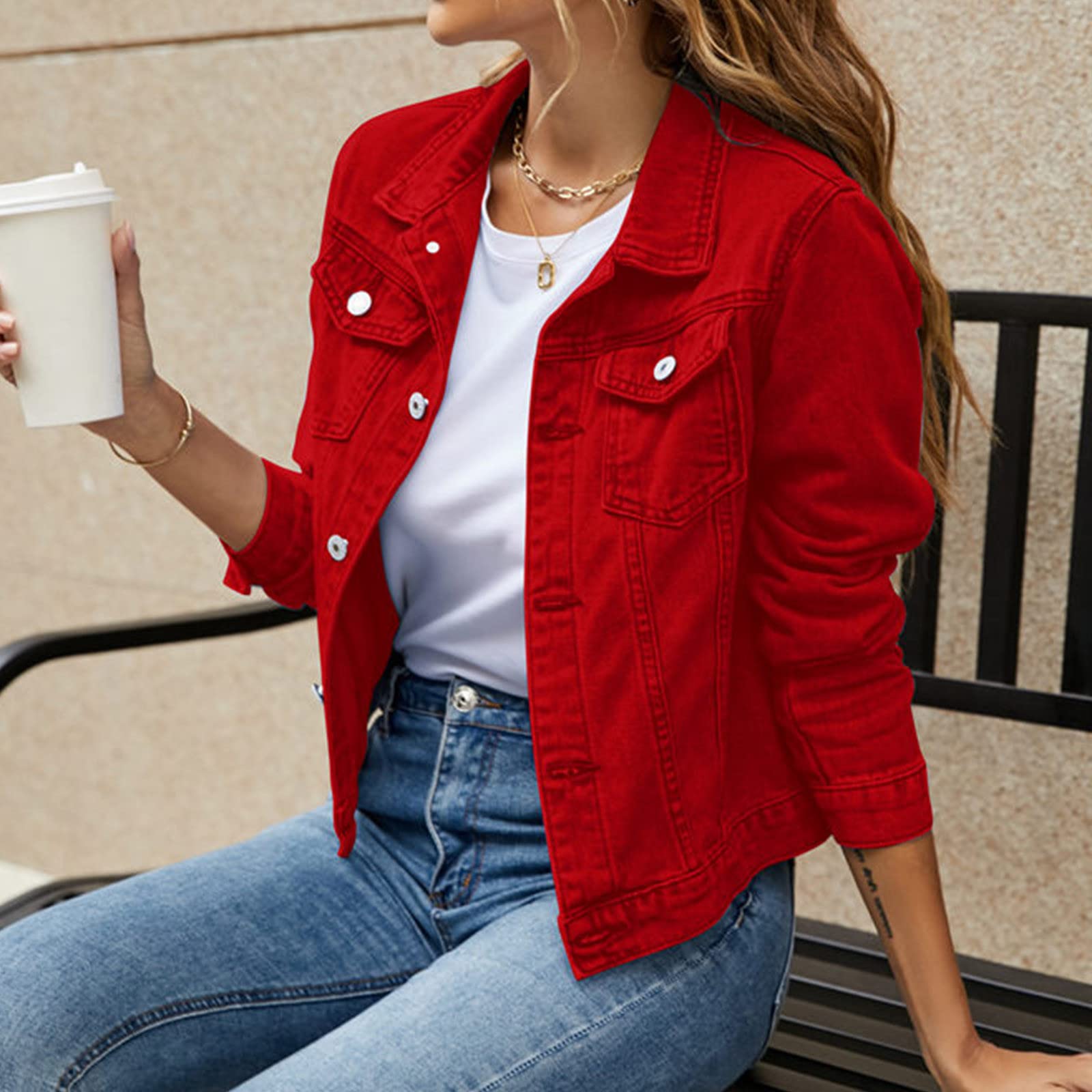 Veste en jean pour femme - Vintage - Veste en jean - Automne - Veste courte de transition avec bouton - Casual Revers Kura
