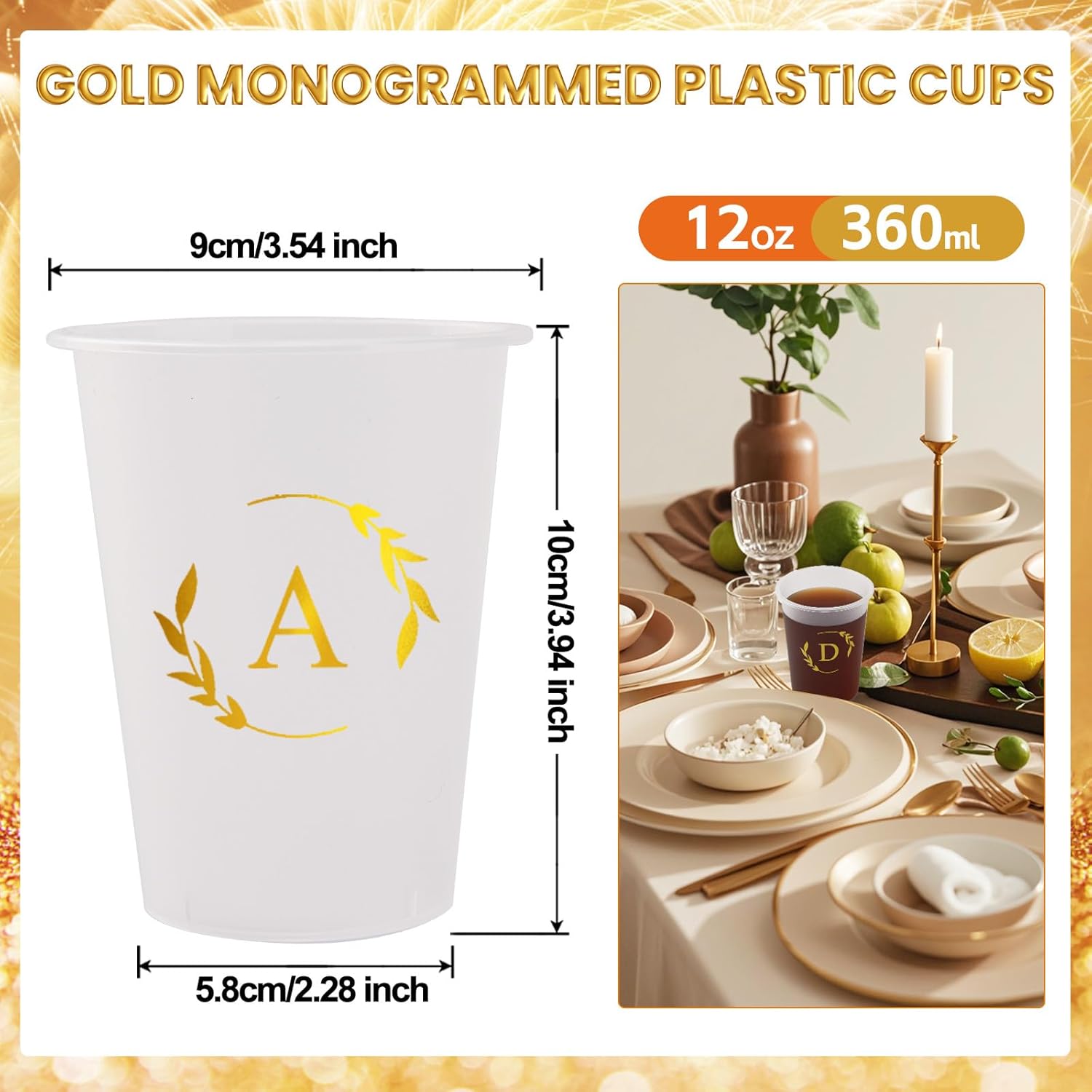 100 Monogrammed Cups Disposable Initial Plastic Cup 12 oz Wedding Personalized Cup for Wedding Reception Baby Shower Birthday Party(Letter A) - Image 2