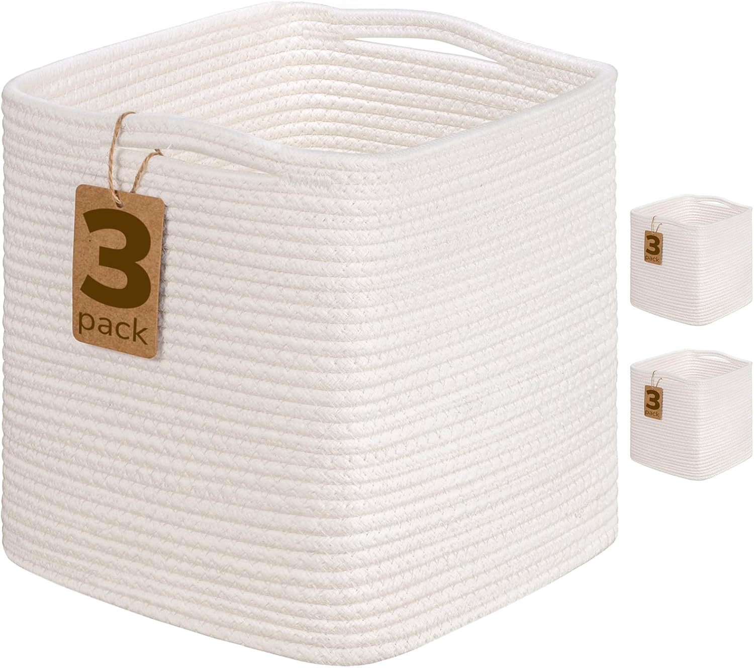 INDRESSME 11x11 Cube Storage Bins, White Basket, 3-Pack Small Laundry Baskets Toy Organizer Blanket Basket Living Room, Bedroom Shelf Storage Bins Small Woven Gift Baskets