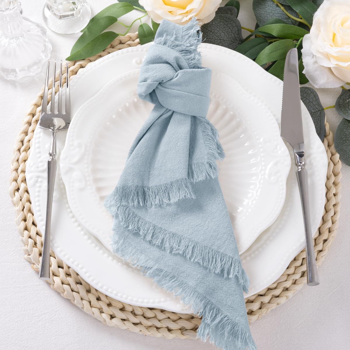 DeZerlor 12 Pack Gray- Blue Cotton Linen Napkins with Fringe Spring Cloth Napkins Set of 12 Boho Handmade Dinner Napkins Bulk for Wedding Bridal Baby Shower Parties, 17 x 17 Inches