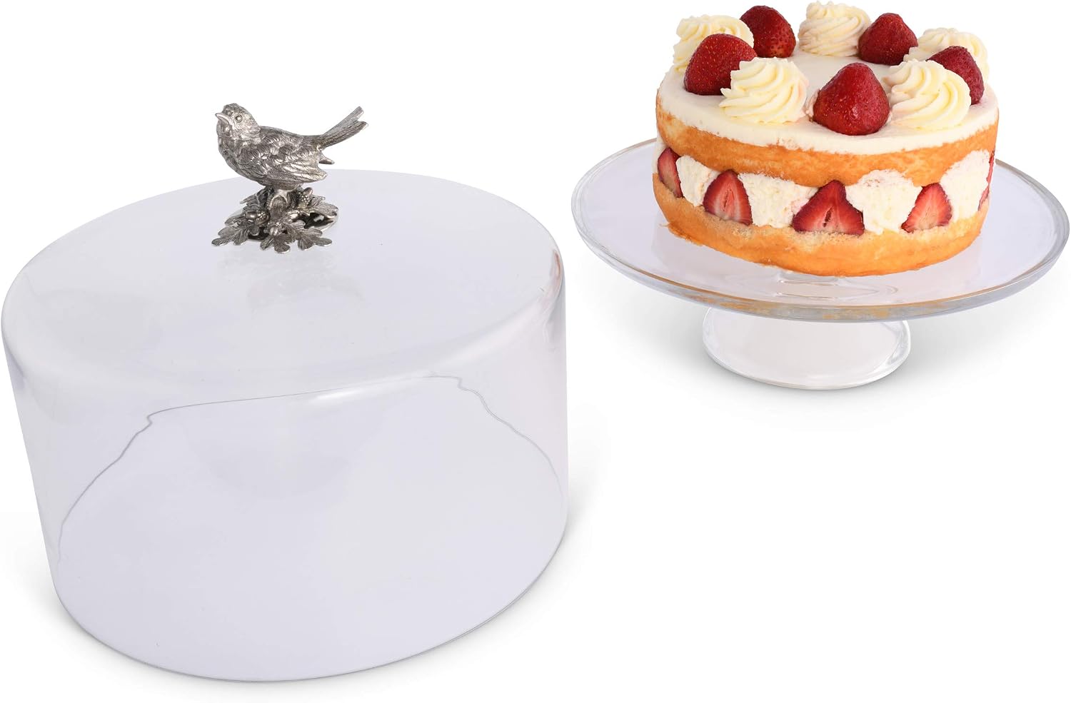 Vagabond House Handblown Glass Cake Dessert Cupcake Stand with Glass Dome Cover with Solid Pewter Song Bird Knob Handcrafted 13 inch Diameter 4 inch Tall