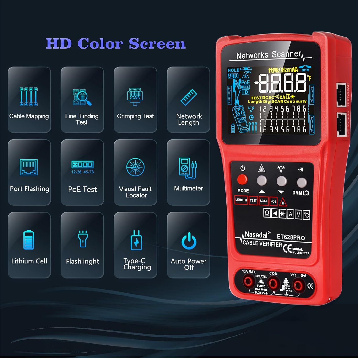 Network Cable Tester Wire Tracker Tone Generator Ethernet Tester Multimeter VFL 3-in-1 RJ45 CAT5 CAT6 CAT7 CAT8 RJ11 Tone BNC Tester PoE Test Cable Length Cable Mapping Test Port Flashng 3 pcs Remote
