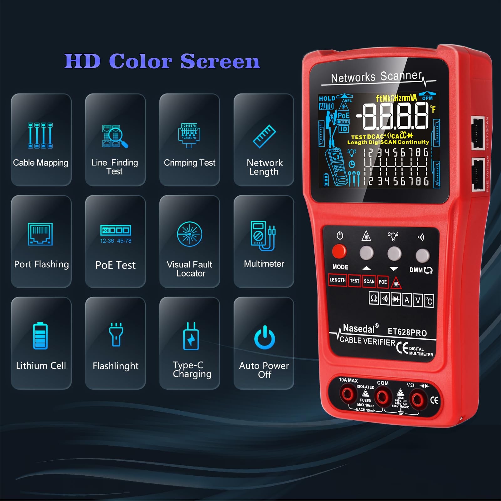 Network Cable Tester Wire Tracker Tone Generator Ethernet Tester Multimeter VFL 3-in-1 RJ45 CAT5 CAT6 CAT7 CAT8 RJ11 Tone Cable Length Cable Mapping Test (ET628 PRO) - Image 2