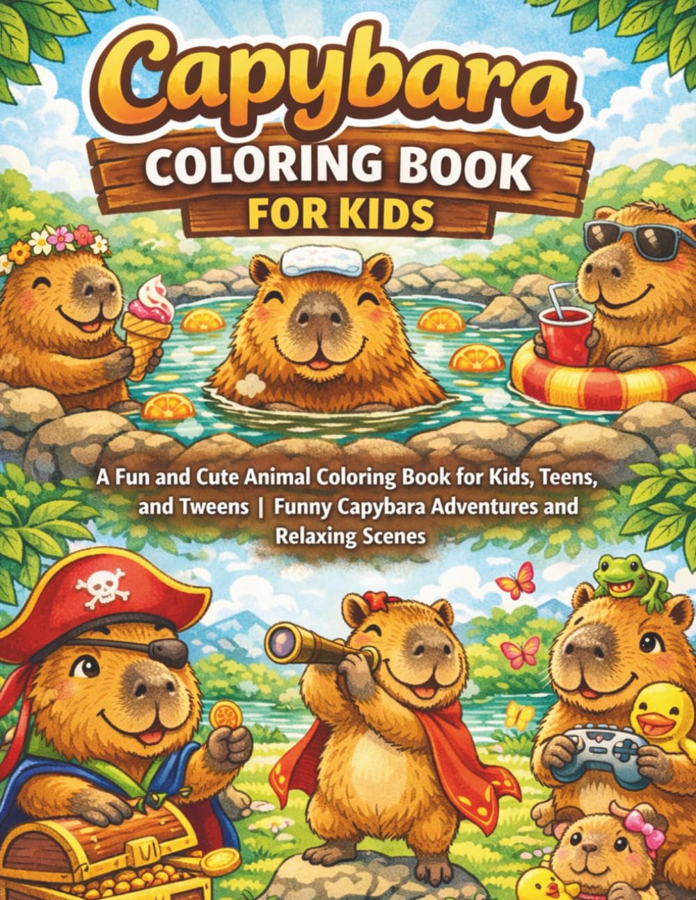 Capybara Coloring Book for Kids: A Fun and Cute Animal Coloring Book for Kids, Teens, and Tweens | Funny Capybara Adventures and Relaxing Scenes