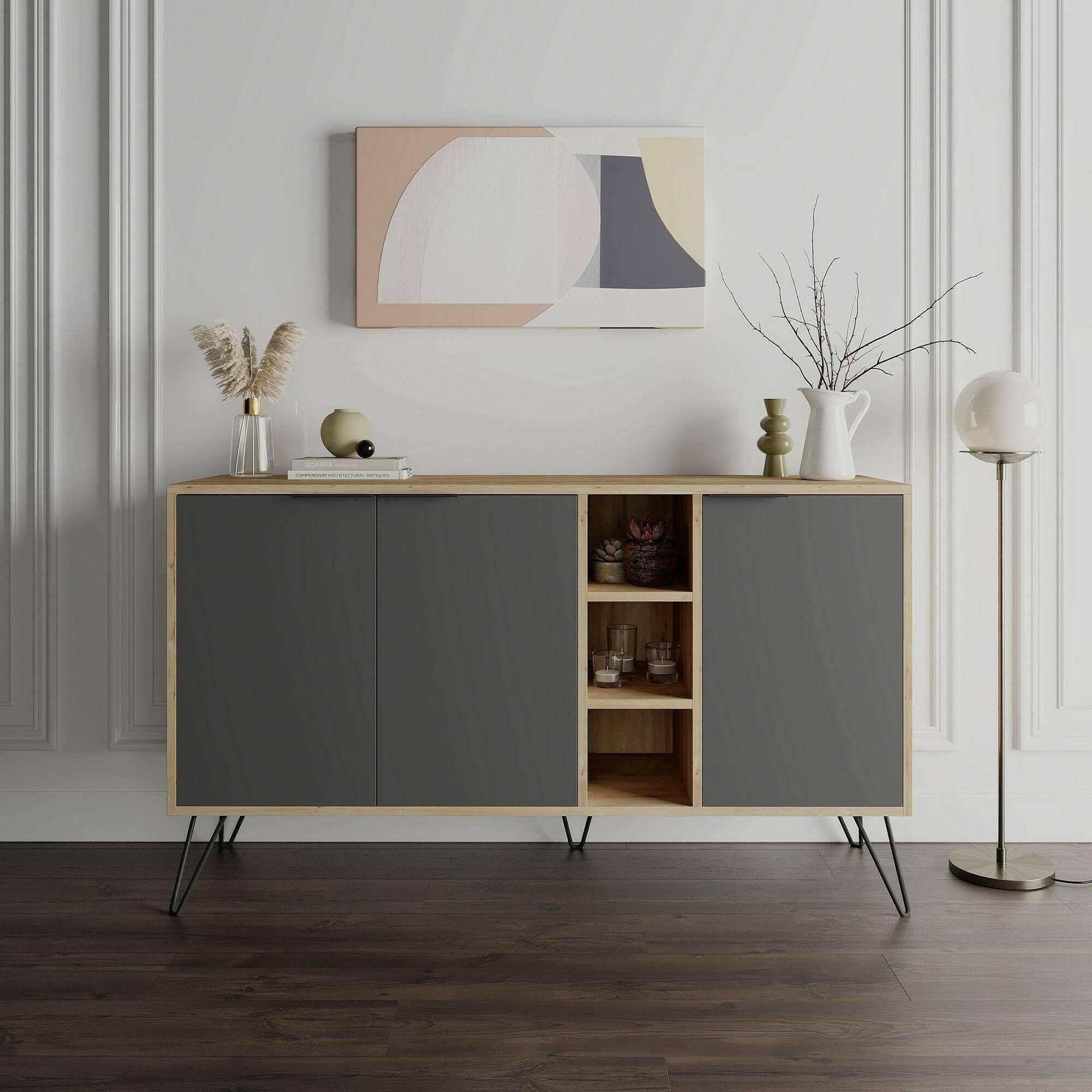 Dmora - Credenza Perseus, Buffet da soggiorno, Madia da salotto, Dispensa da cucina, 142x36h83 cm, Quercia e Antracite