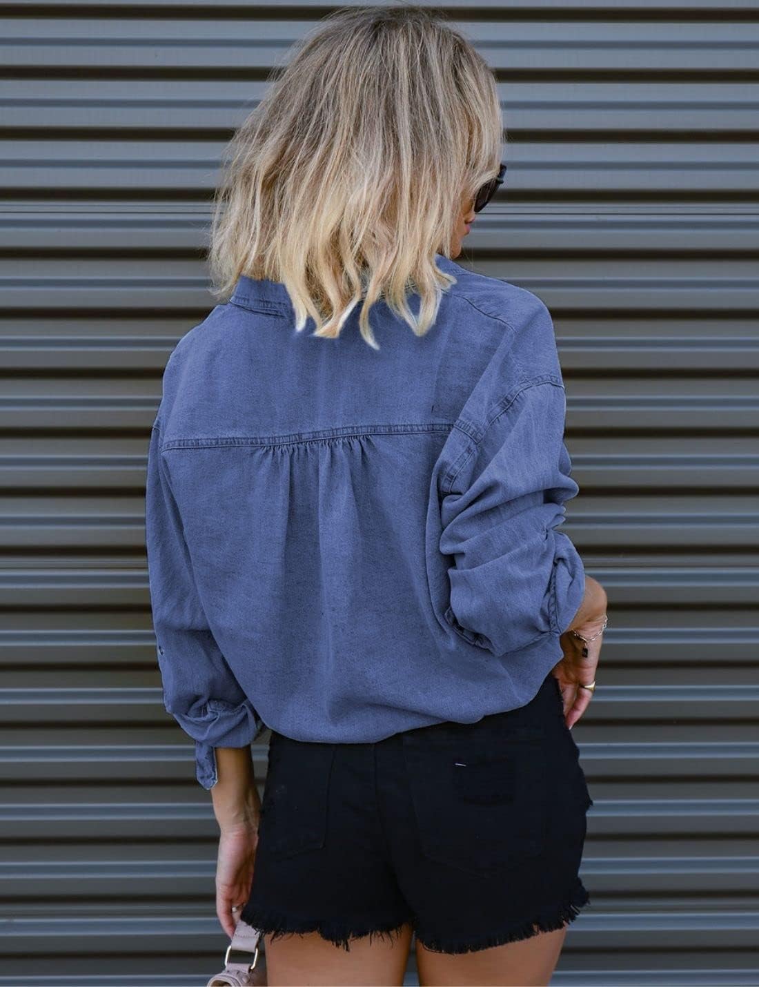 Kwoki Women's Cropped Denim Shirt Roll Up 3/4 Sleeve Casual Loose Crop Tops Drawstring Hem Button Front Jean Jacket - Image 3