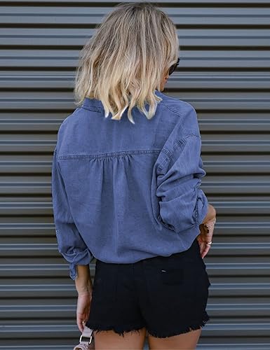 Miniatura 3 de Kwoki - Camisa de mezclilla recortada para mujer, manga 34, estilo casual, holgada, con cordón en el dobladillo, con botones en la parte delantera