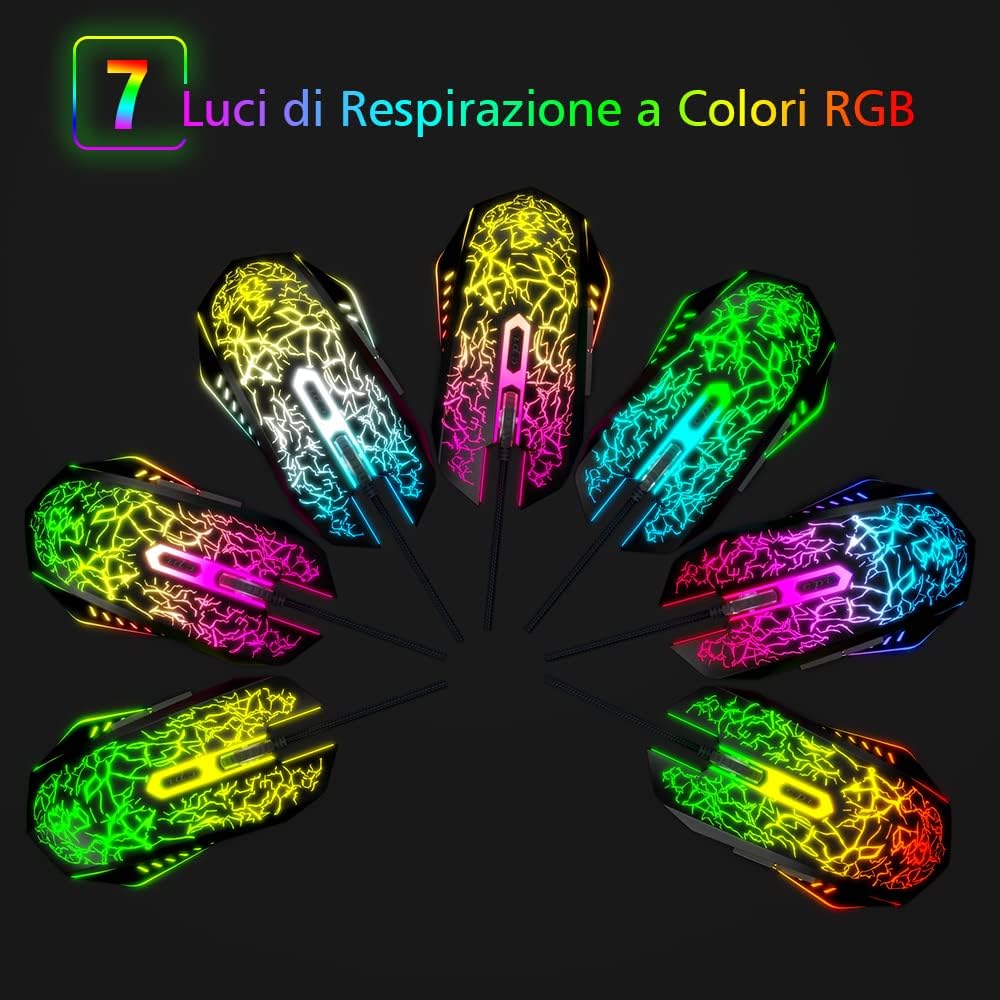 VersionTECH Gaming Mouse with Cable, Optical Sensor Up to 2400 DPI, 6 Buttons and LED Lighting with 7 Colors
