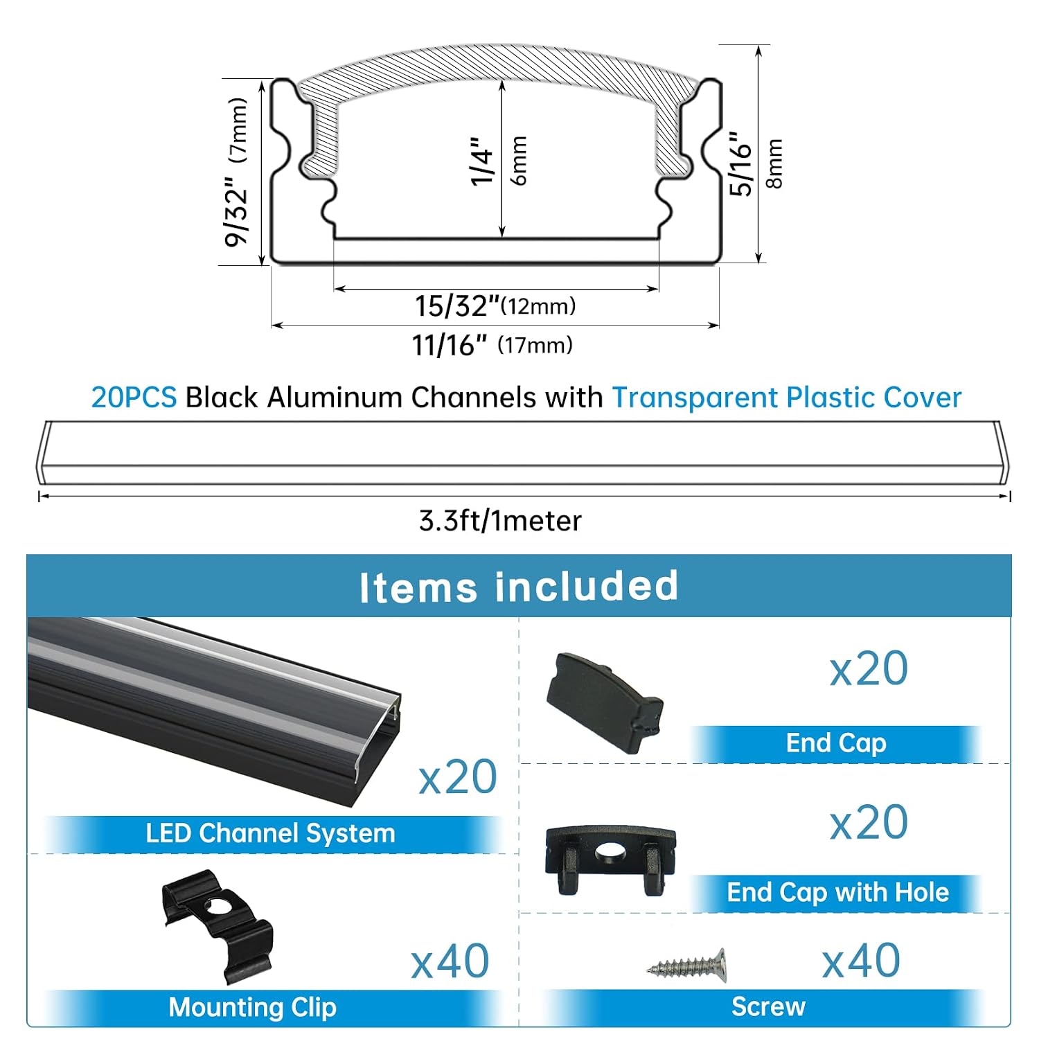 Muzata 20Pack 3.3FT/1M LED Channel Black Aluminum U Shape LED Strip Channel with Transparent Clear Cover Easy Installation with Paper User Manual U1SW BT 1M