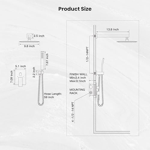 Miniatura 15 de gotonovo - Sistema de ducha de lluvia de 10 pulgadas de níquel cepillado de lujo, cabezal de ducha de alta presión, juego de grifo de ducha de mano