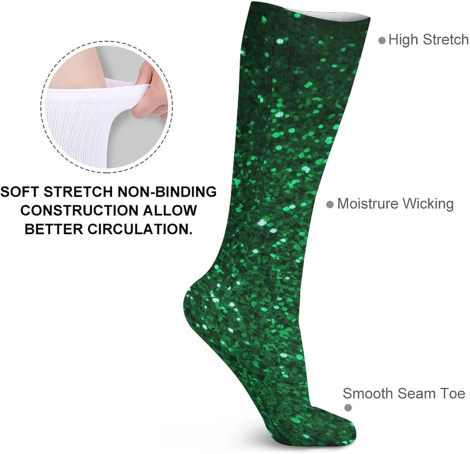 Breathable Boot Sock Green Sequin Sparkle Socks for Women Men Cotton Sock Moisture-Wicking Warm Stockings Long Socks for Hiking Work Sport
