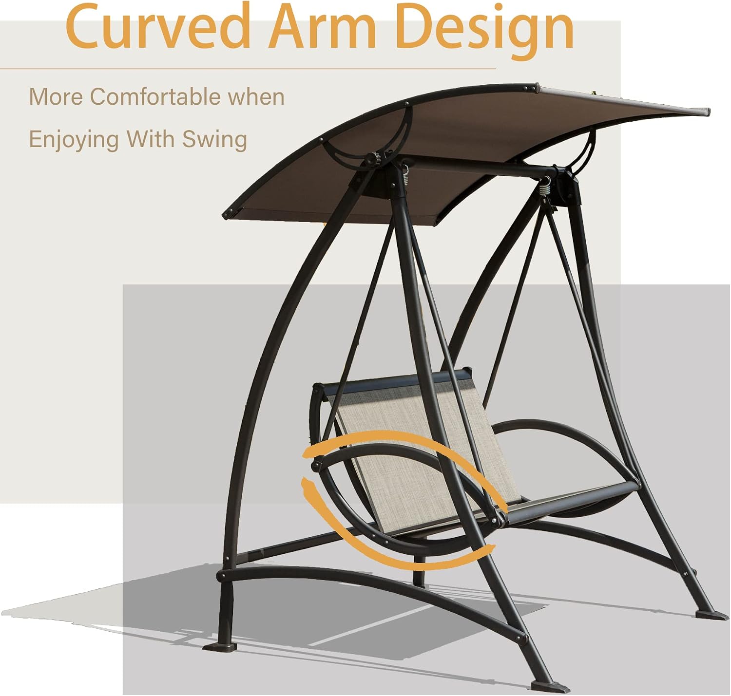 Domi Porch Patio Swing with Adjustable Canopy, 2-seat with Stand, Outdoor Loveseat Swing w/Armrests, Weather Resistant Steel Frame and Textilene Fabric