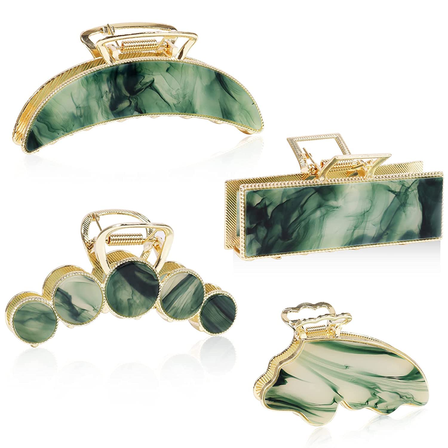 Large Metal Cellulose Acetate Hair Claw Clips, 4Pcs Vintage Emerald Green Hair Clamps, Strong Hold Rectangle French Butterfly Jaw Clips, Decorative Hair Accessories for Women