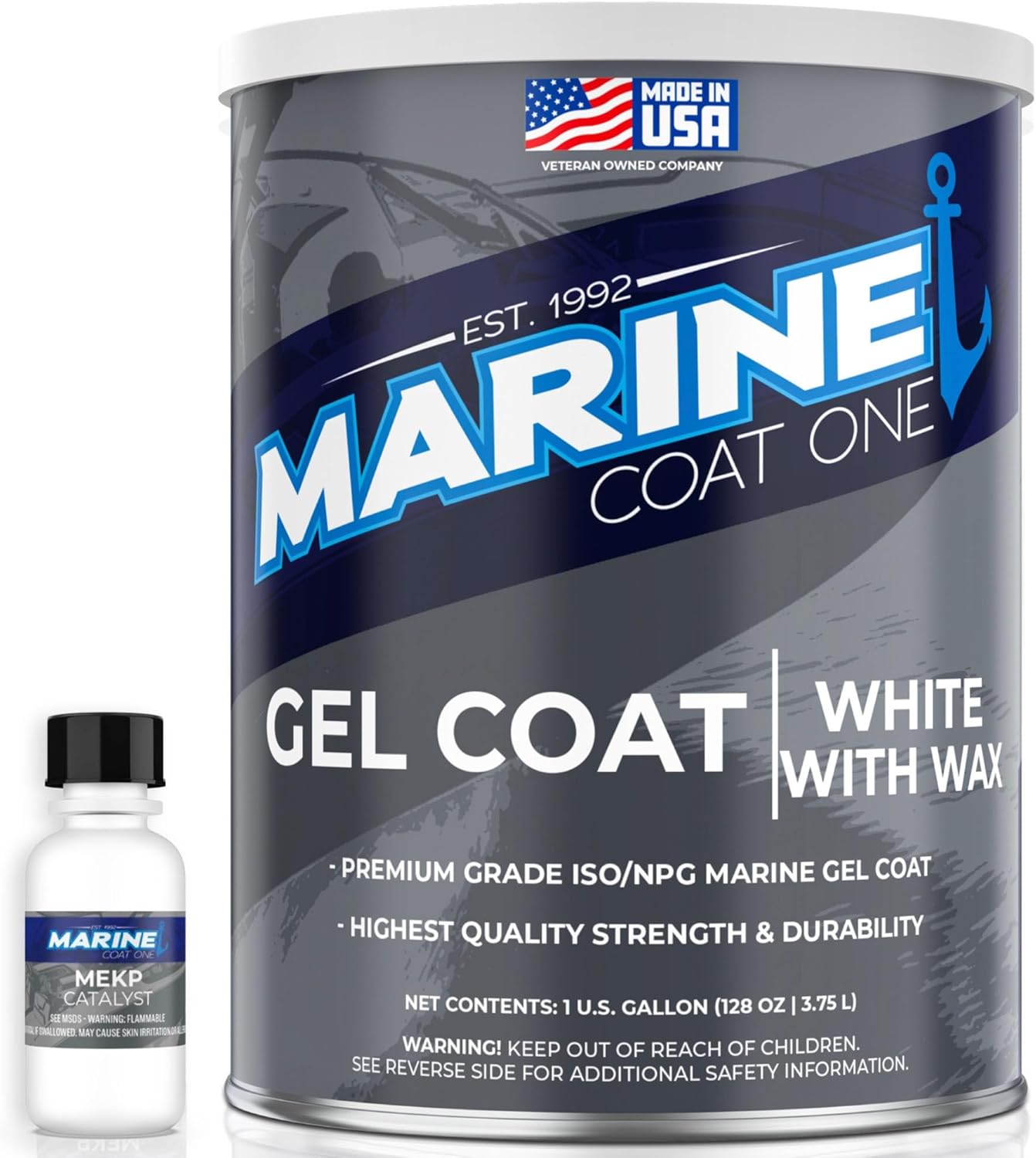 Iso/Npg Gel Coat White with Wax with MEKP Catalyst for Hardening, No Color Pigments, Gel Coat Repair Kit for Boats, Fiberglass (1 Gallon)