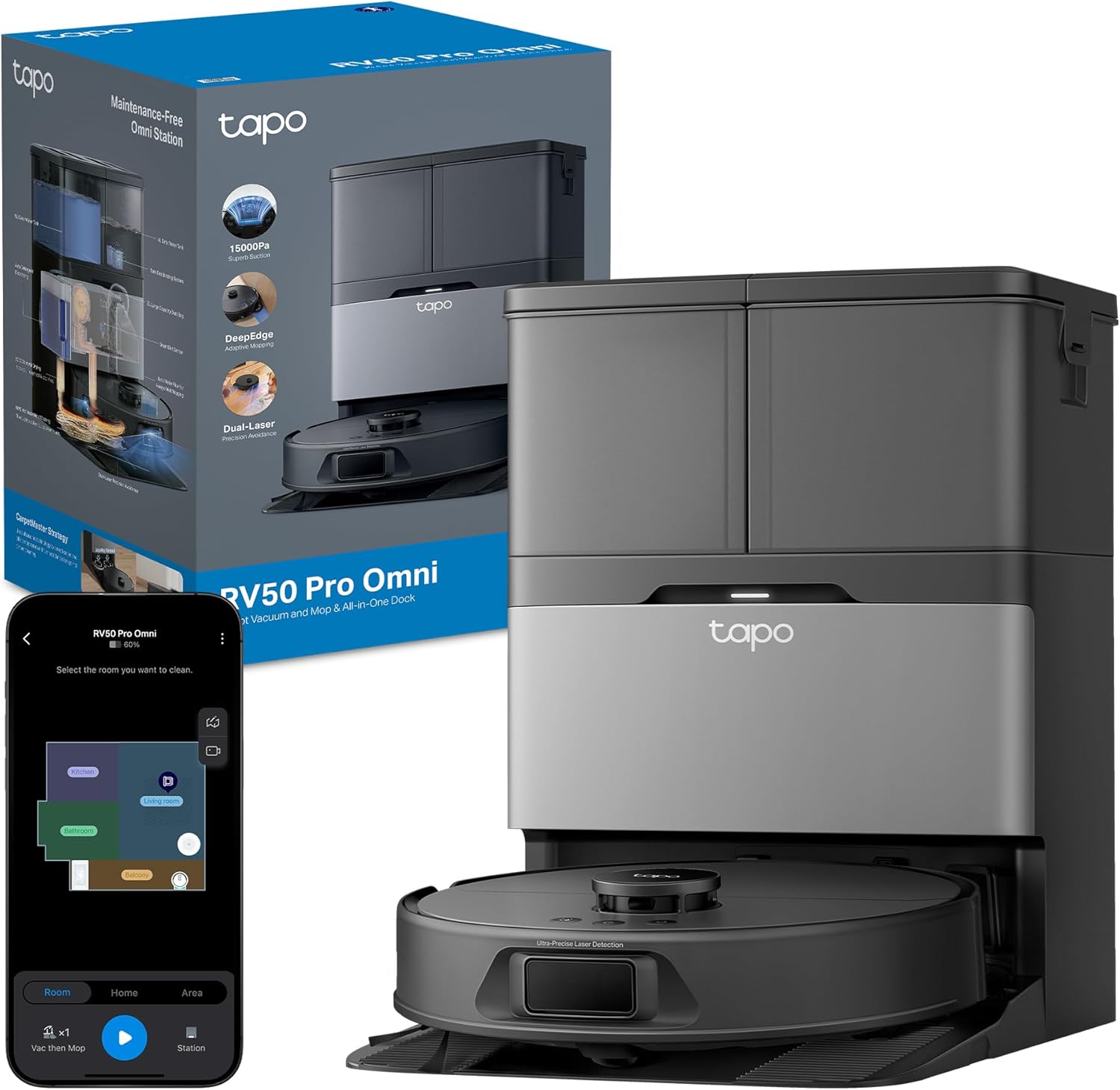 Tapo RV50 Pro Omni Robot Aspirapolvere Lavapavimenti con Mappatura 15000Pa, Base All-in-One, Antigroviglio, Mocio Estensibile/Lavaggio/Rimozione/Asciu