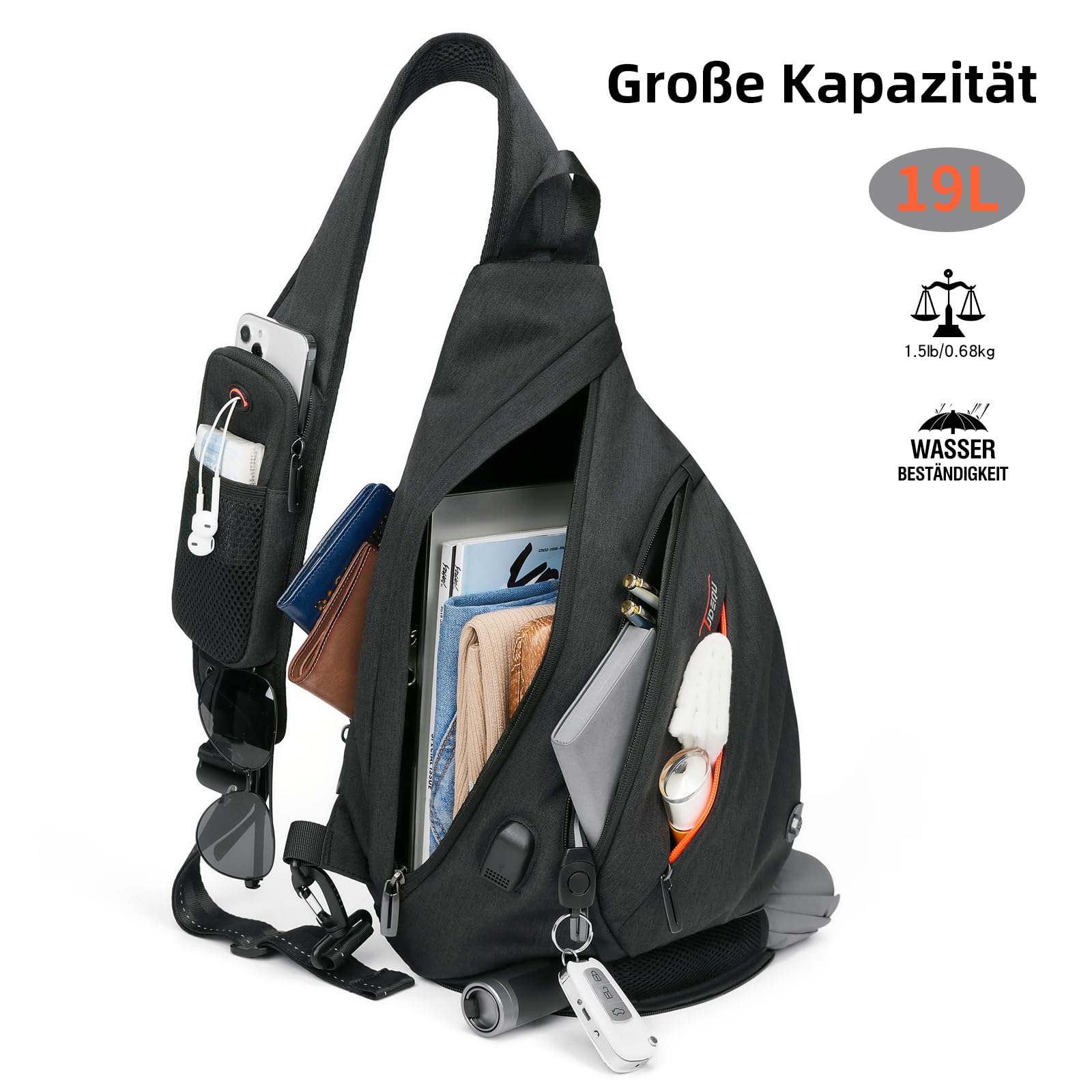 TUDEQU Sling Bag Herren Groß,8 Pockets Schulterrucksack Herren,19L Sling Rucksack Herren,Umhängetasche Herren,Schultertasche