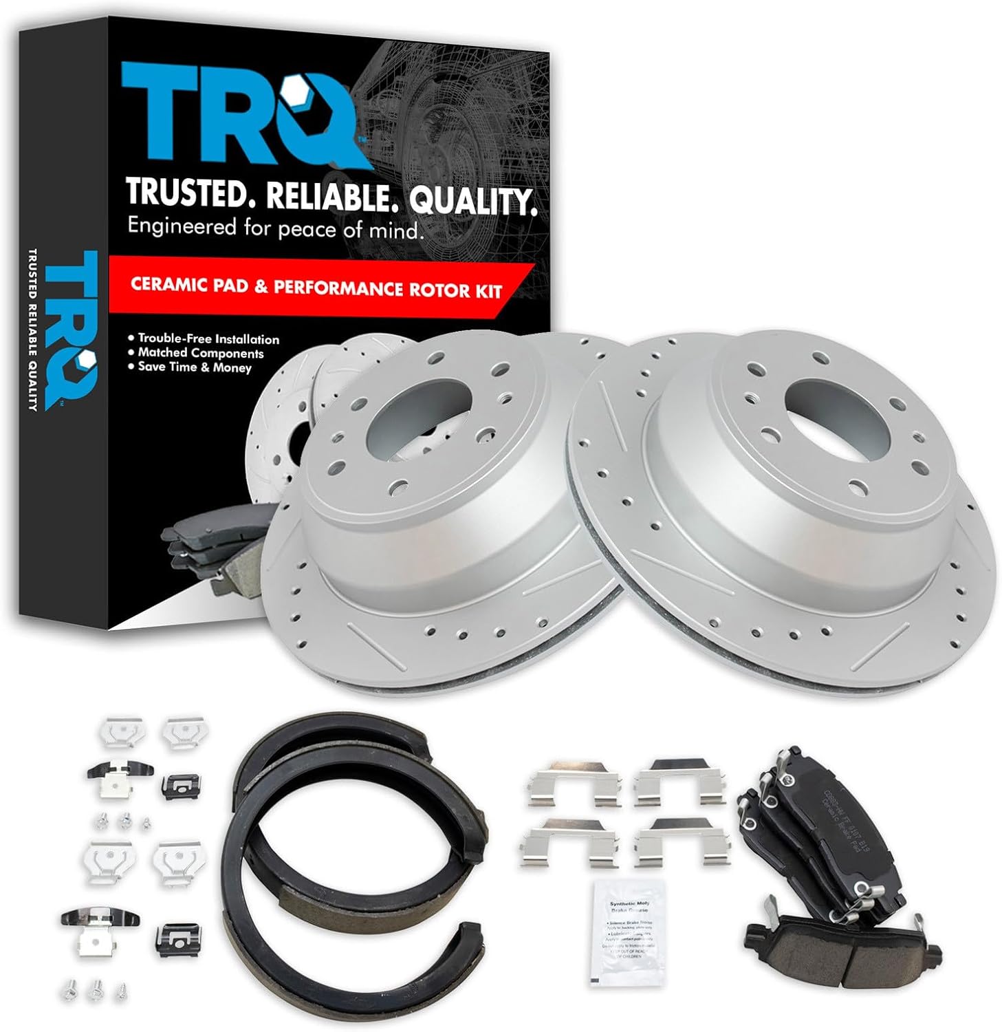 TRQ Rear Brake Pad and Rotor Set Ceramic Slotted Drilled G Coated Solid Rotors Parking Shoes Compatible with 2002-2009 Chevrolet Trailblazer Buick Rainier 2004-2006 Chevrolet SSR 2002-2009 GMC Envoy