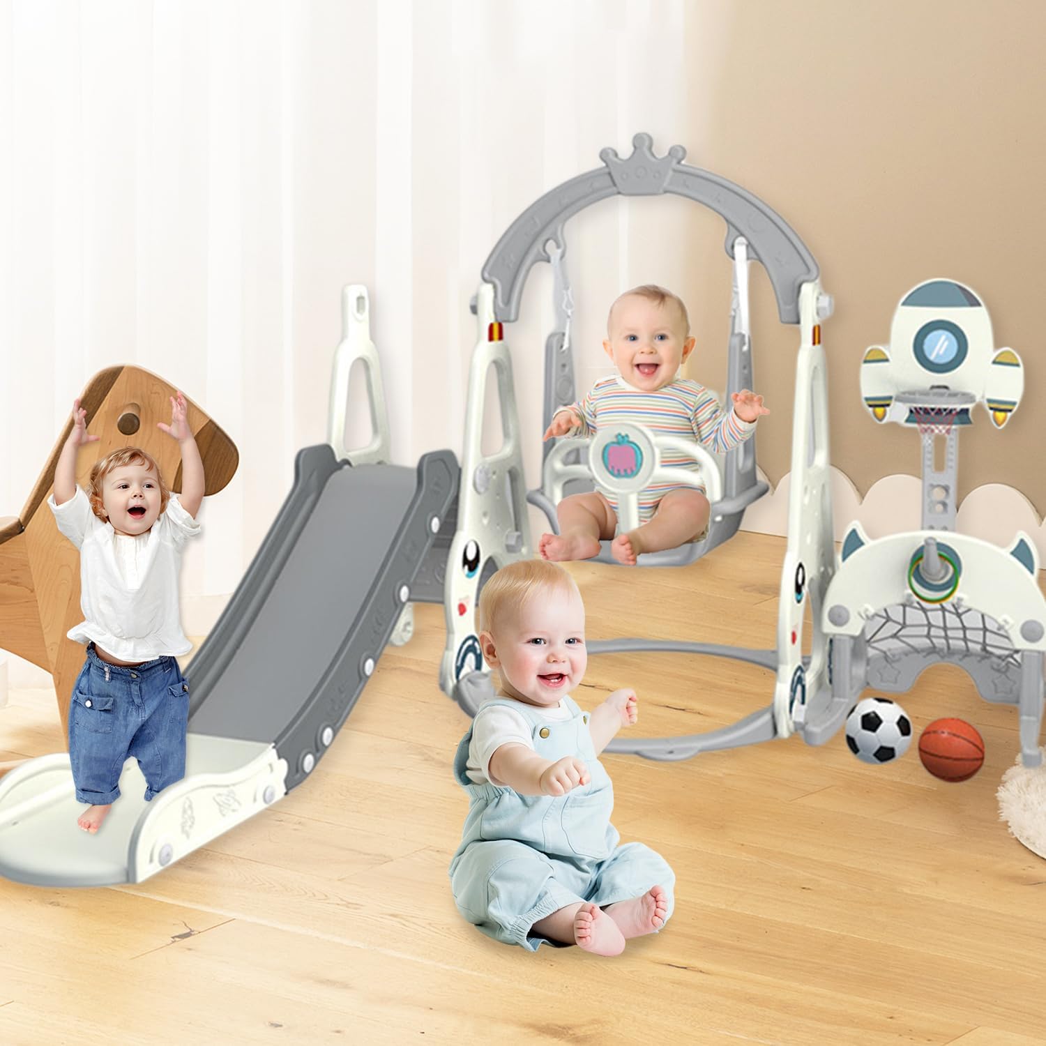 Swing and Slide Set for Toddler,7 in 1 Kids Climber Slide Playset for Toddlers Age 1-6 with Basketball Hoop and Long Slide,Playground Swing Set for Indoor Ou r Backyard (White&Grey)