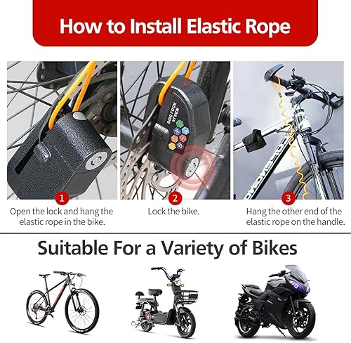 Miniatura 5 de Juego de bloqueo de disco de alarma, bloqueo de freno, antirrobo, impermeable, 110 dB 0.276 in, cable de recordatorio de 5 pies para motocicletas,