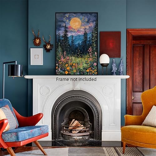 Miniatura 5 de Yuaruo Póster vintage de luna llena sobre las flores silvestres, lienzo místico de bosque de medianoche para pared, pintura al óleo retro de flores