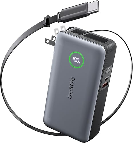 GUSGU X3 Pro - Banco de energía de 20,000 mAh con enchufe plegable, cable USB-C retráctil y puertos tipo CUSB-A, cargador rápido PD Max de 65 W para