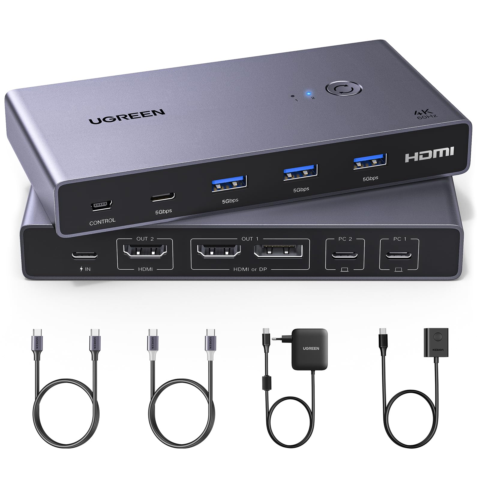 UGREEN USB-C KVM Switch 2 PC 2 Monitore 4K@60Hz, USB C Switch 2 Inputs 2 Outputs mit 4 USB 3.0 Ports, 2 Laptops teilen sich zwei Monitore Tastatur, Maus, Festplatte, Drucker mit PD100W Netzteil