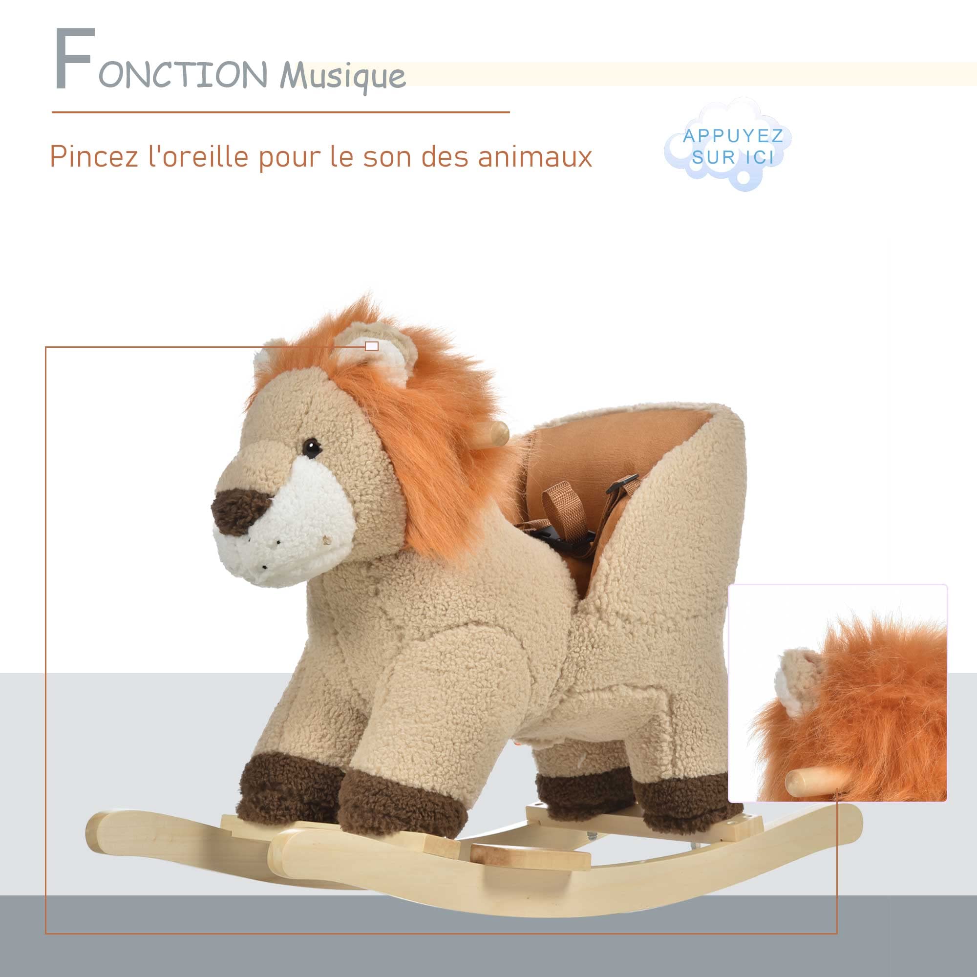 HOMCOM Cheval à Bascule Lion Musical Selle Confort Peluche Douce Enfants 18-36 Mois Bois Peuplier Marron 68x35x50 cm
