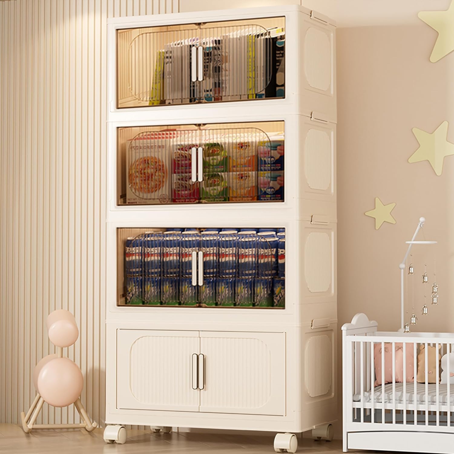 3-Tier Stackable Storage Bins with Lids, Foldable Plastic Organizer with Wheels, for Closet Bedroom Office Organization (Stripe - 2 Clear & 1 Yellow, 3 Tier - 17.5" D x 9.7" W x 26.3" H)