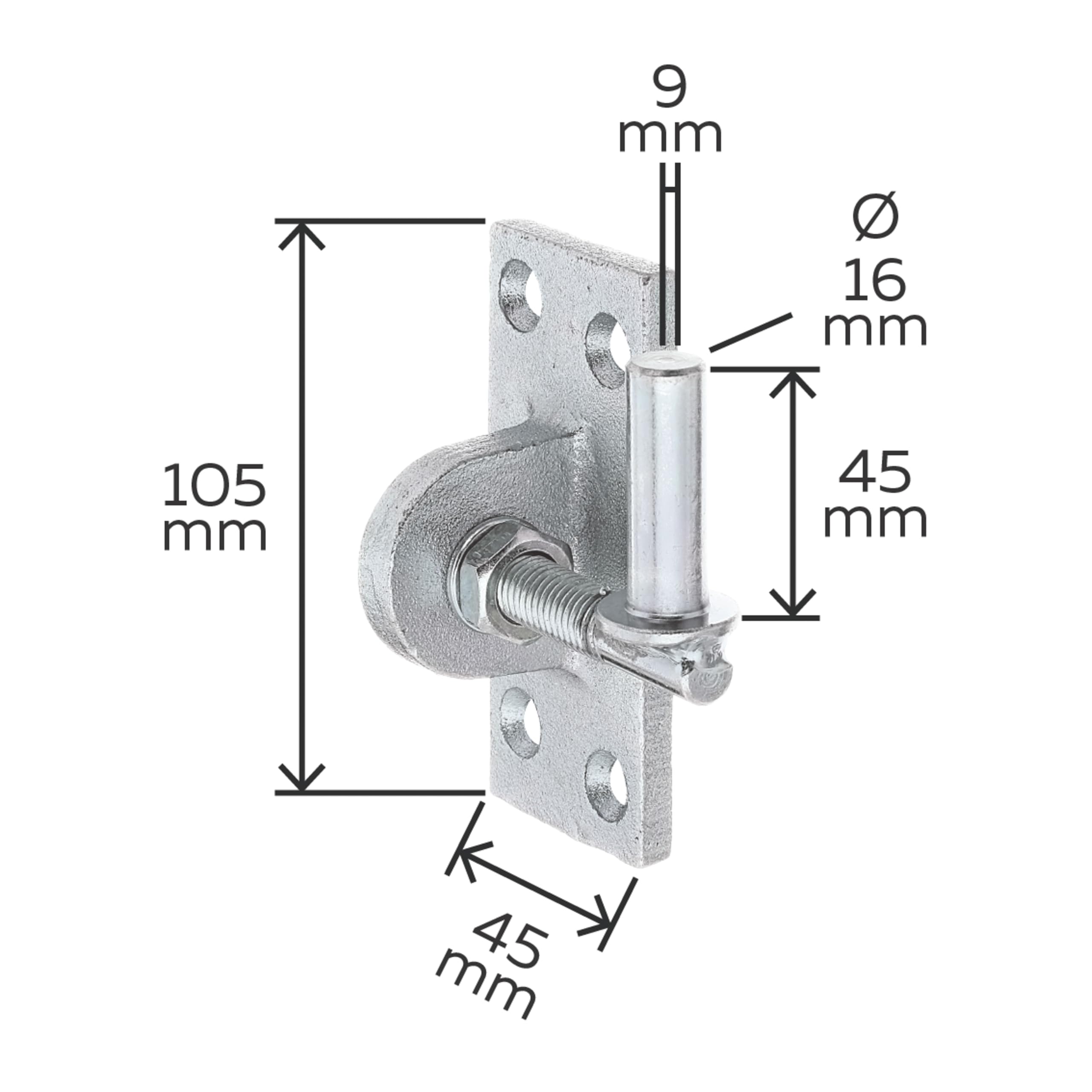 Alberts 318246 Gond à visser | réglable de 20 mm | passivé | cote axe Ø16 mm | platine 105 x 45 mm
