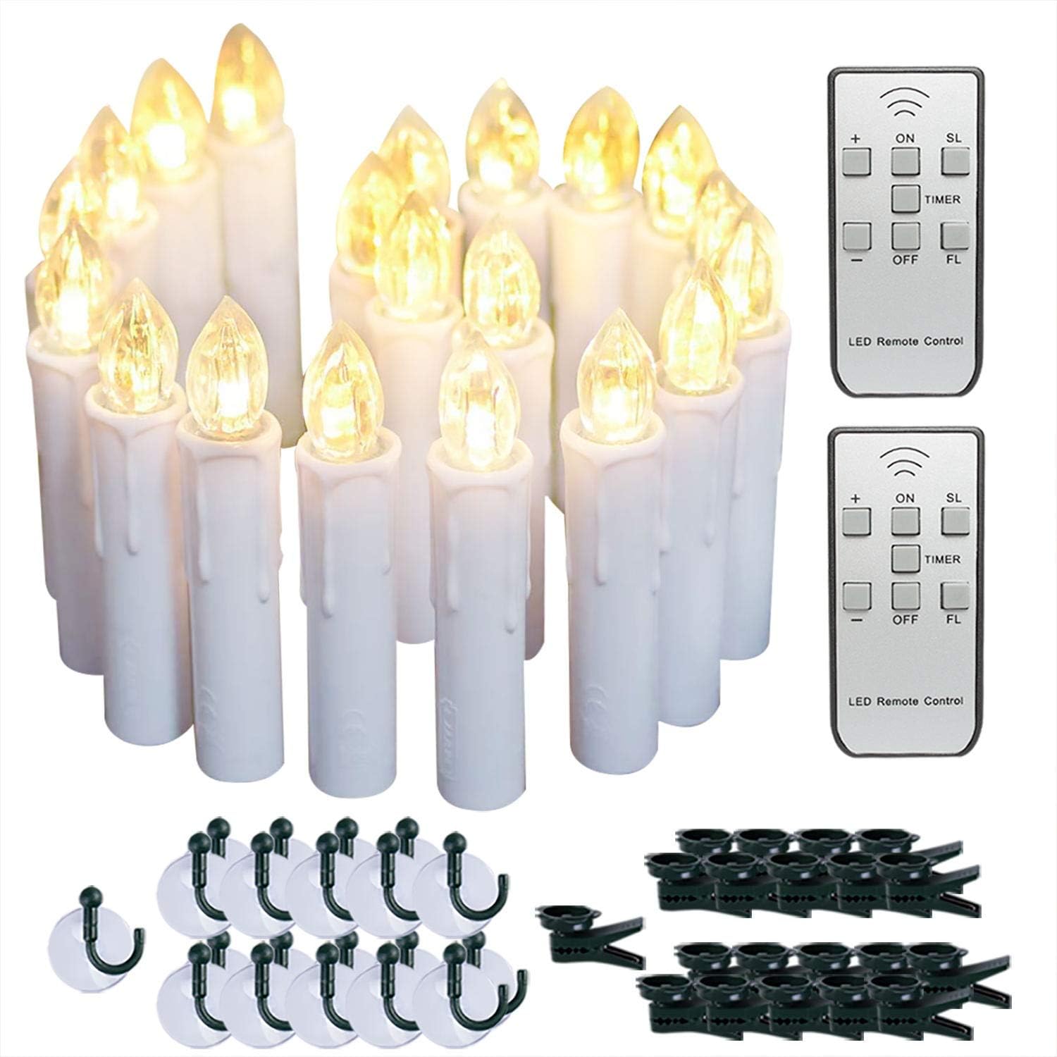 Raycare 20 PCS Battery Operated Taper Candle Lights with Remote, Led Window Candles with 8H Timer, Warm White Bright Flickering Light Christmas Candles with Clips/Suction Cups