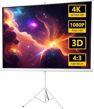 120" Projector Screen with Stand, Outdoor Projection Screen, 43 4K HD Home Theater Projection Screen Portable Wrinkle-Free, with Tripod Stand,Pull Down Projector Screen Movie Screen for Projector