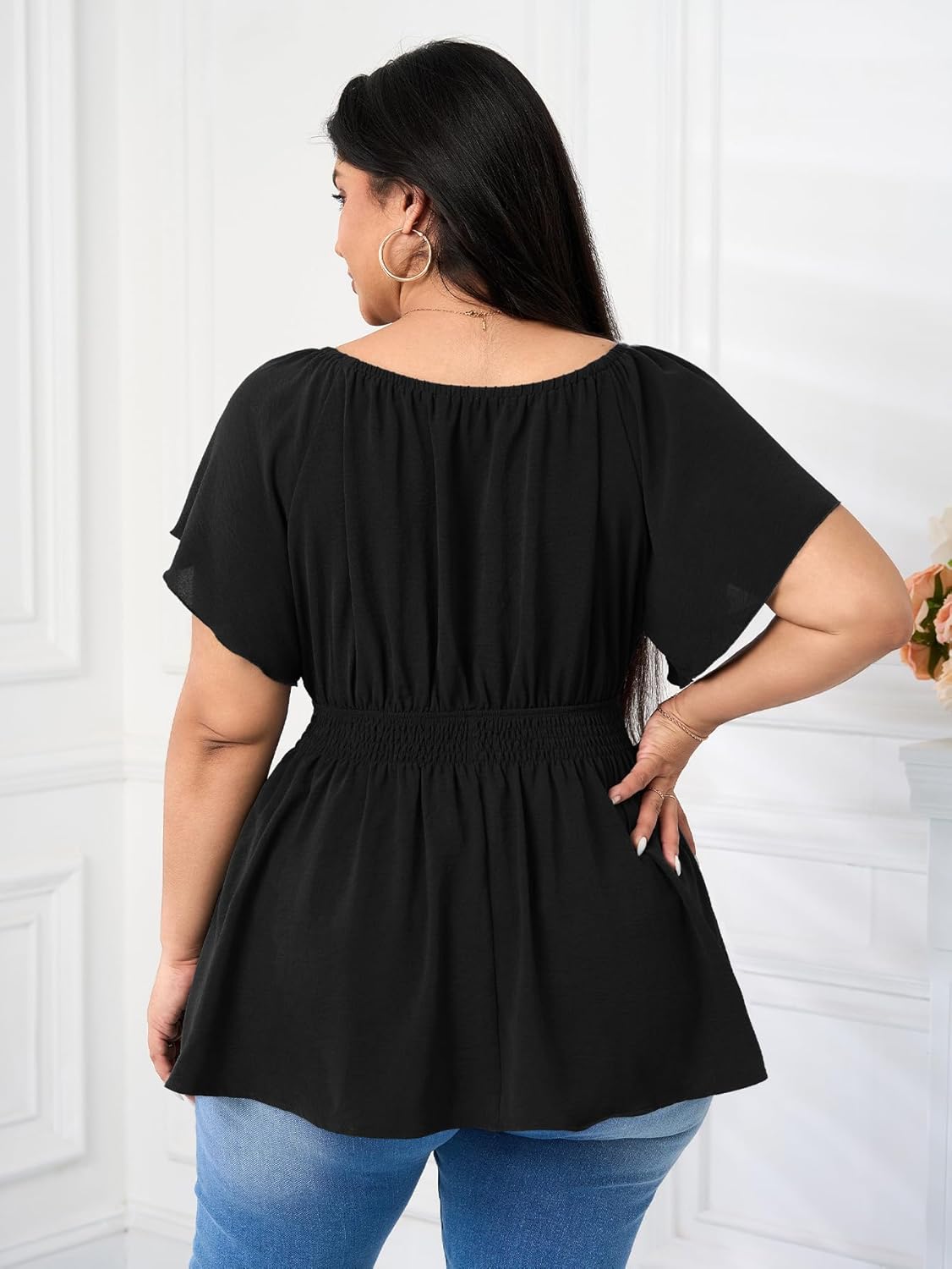 Womens Plus Size Tops V Neck Short Sleeve Blouse Babydoll Ruffle Peplum Smocked Dressy Casual Summer Top - Image 3