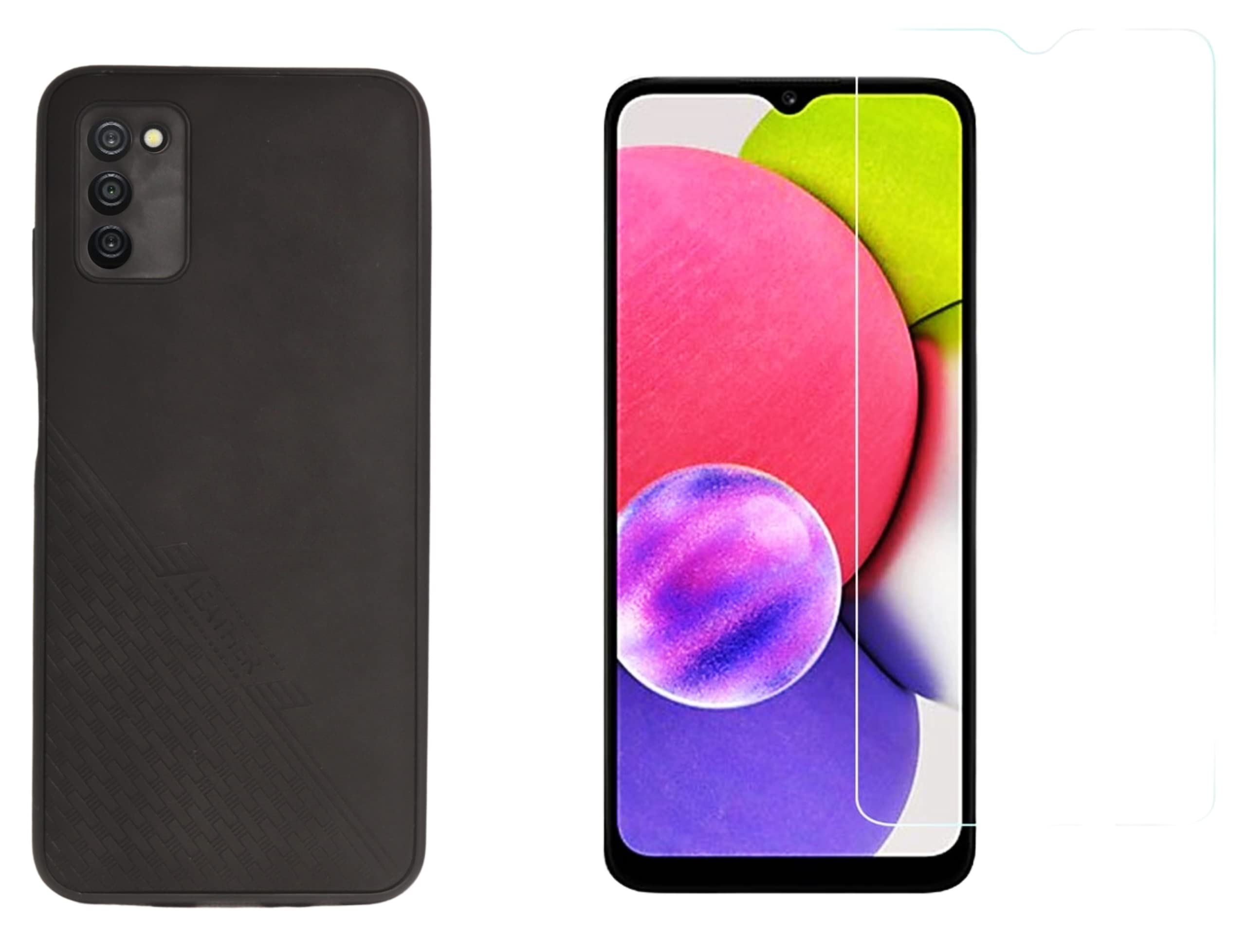 Samsung A03S Cover with tempered Glass protector, Ultra luxurious smooth feel Soft case, cover. back Side texture is feel more premium for your phone (Glass protector, Black)