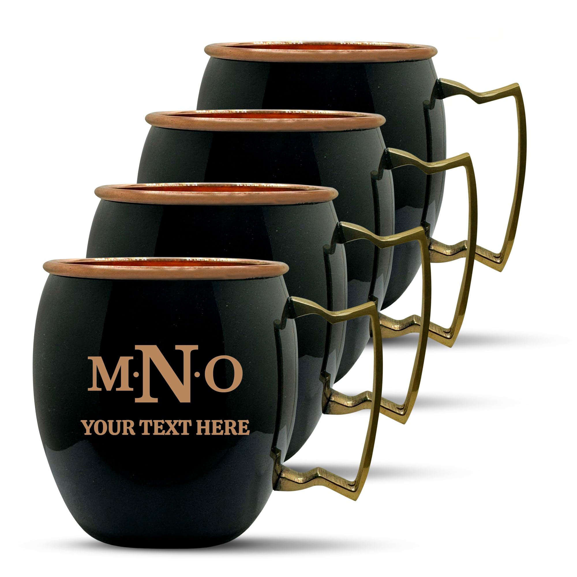 Custom Copper Moscow Mule with Smooth Painted Finish - Engraved Bar Style 100% Copper Cup with Personalized Interpoint Separator Monogram Themed Engraving, Brass Handle | 18 oz, Black | Set of 4