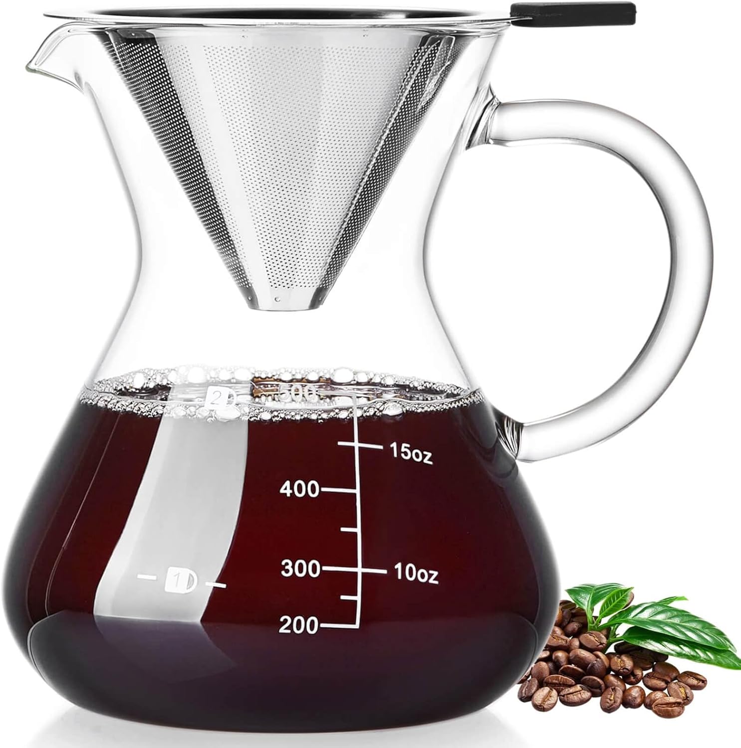 Unbreakable – Pour Over Coffee Maker with Double Stainless Filter 17oz, Thickened Heat-Resistant Borosilicate Glass Dripper Coffee Pour Over, Stovetop Safe