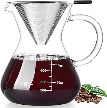 Unbreakable - Pour Over Coffee Maker with Double Stainless Filter 17oz, Thickened Heat-Resistant Borosilicate Glass Dripper Coffee Pour Over, Stovetop Safe
