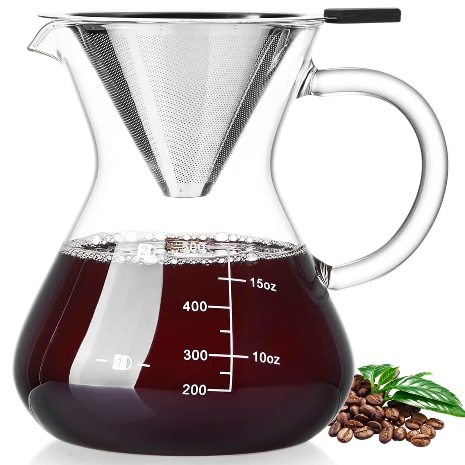 Unbreakable - Pour Over Coffee Maker with Double Stainless Filter 17oz, Thickened Heat-Resistant Borosilicate Glass Dripper Coffee Pour Over, Stovetop Safe