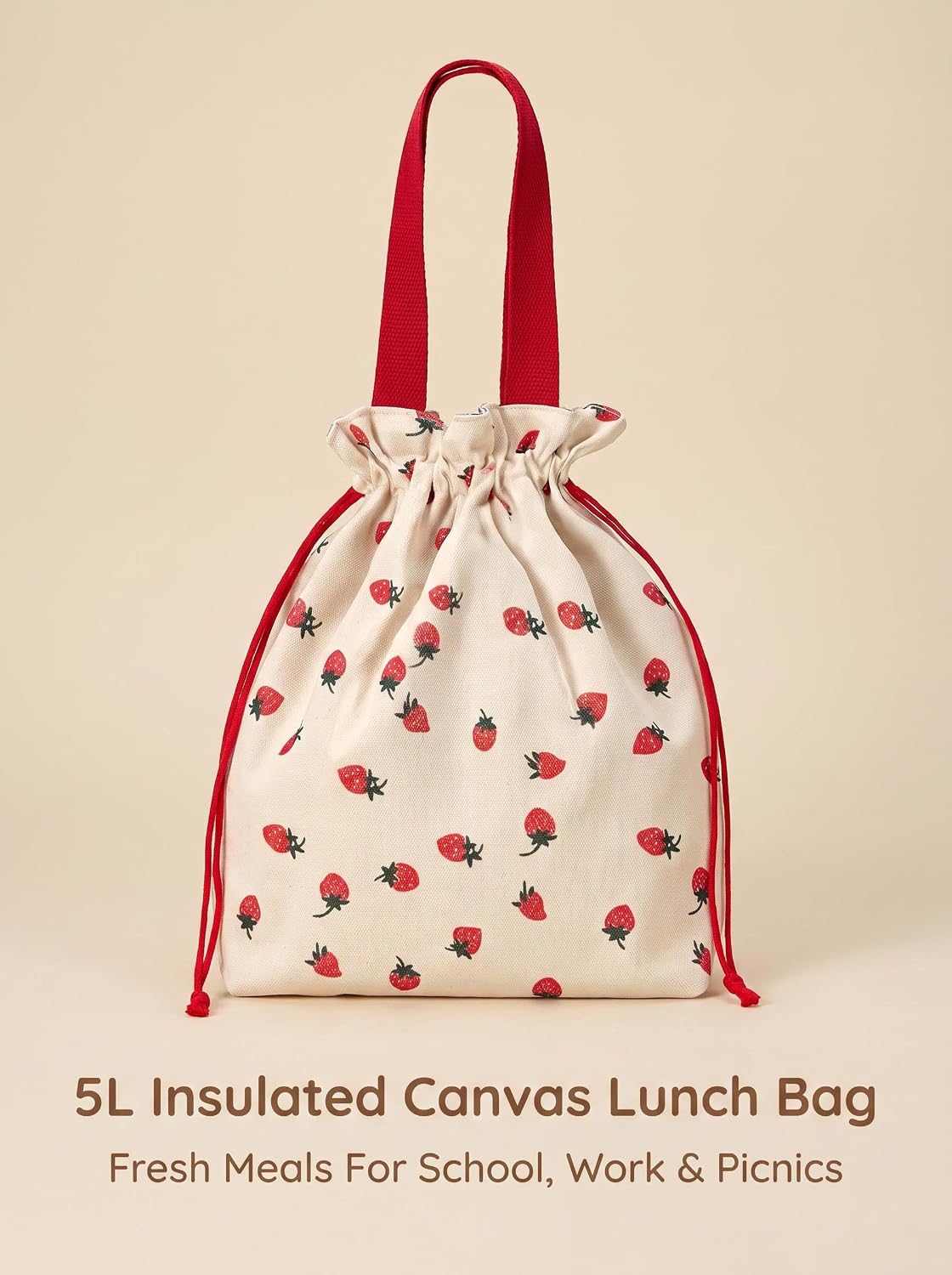 Canvas Drawstring Lunch Bag, Insulated Leakproof for Picnic School (Strawberry Fruit Print)