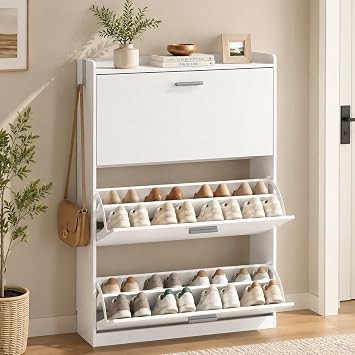 Shoe Cabinet Organizer with 3 Flip Drawers,Narrow Shoe Rack 31.5" W White