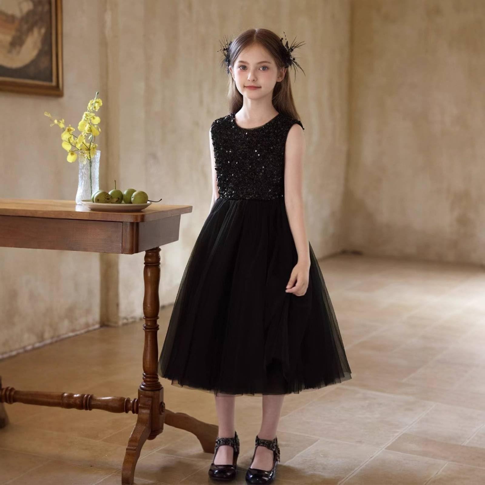 Vestido de Actuación sin Mangas Esponjoso Vestido de Fiesta Negro Infantil Forro para Ocasiones Formales