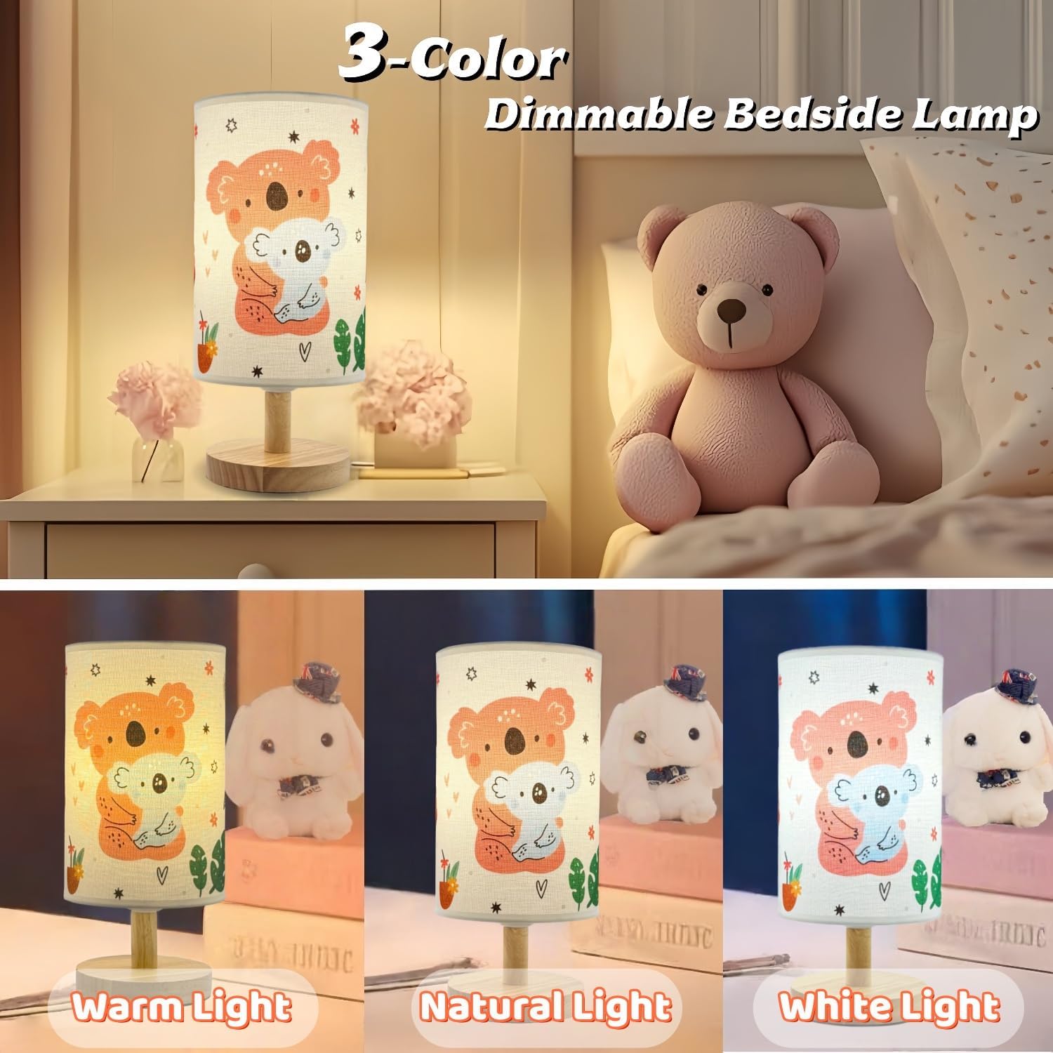 Kids Lamp,Girls for Bedroom Nightstand Lamps,3Color Modes LED Bedside Night Light with Koala Bear Cartoon Lampshade and Wood Base Desk Lamp for Kids Room,Home Decor,Birthday Gift for Girl and Boys