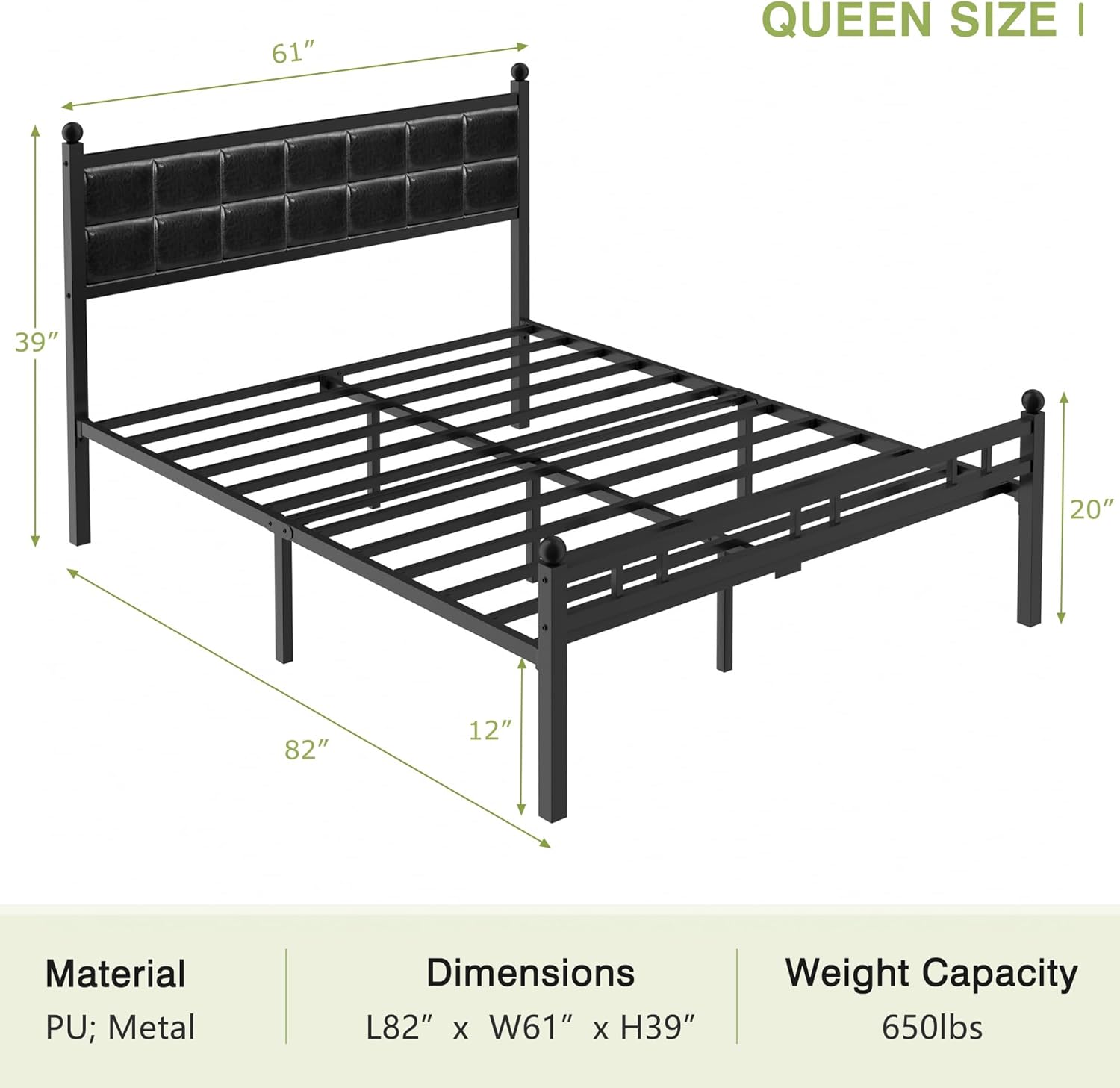 VECELO Queen Bed Frame, Faux PU Leather Platform Beds with Upholstered Headboard and Footboard, Strong Metal Slats Support, Noise-Free, No Boxing Spring Needed, Black