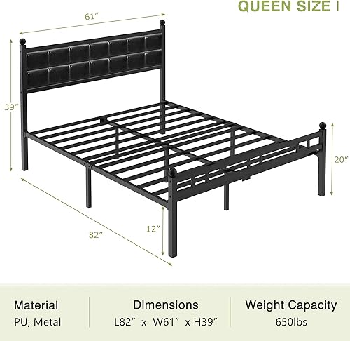 Miniatura 2 de VECELO Base de cama tamaño Queen, cama tapizada con cabecera de piel sintética, soporte de listones de metal fuerte, sin ruido, no necesita somier,