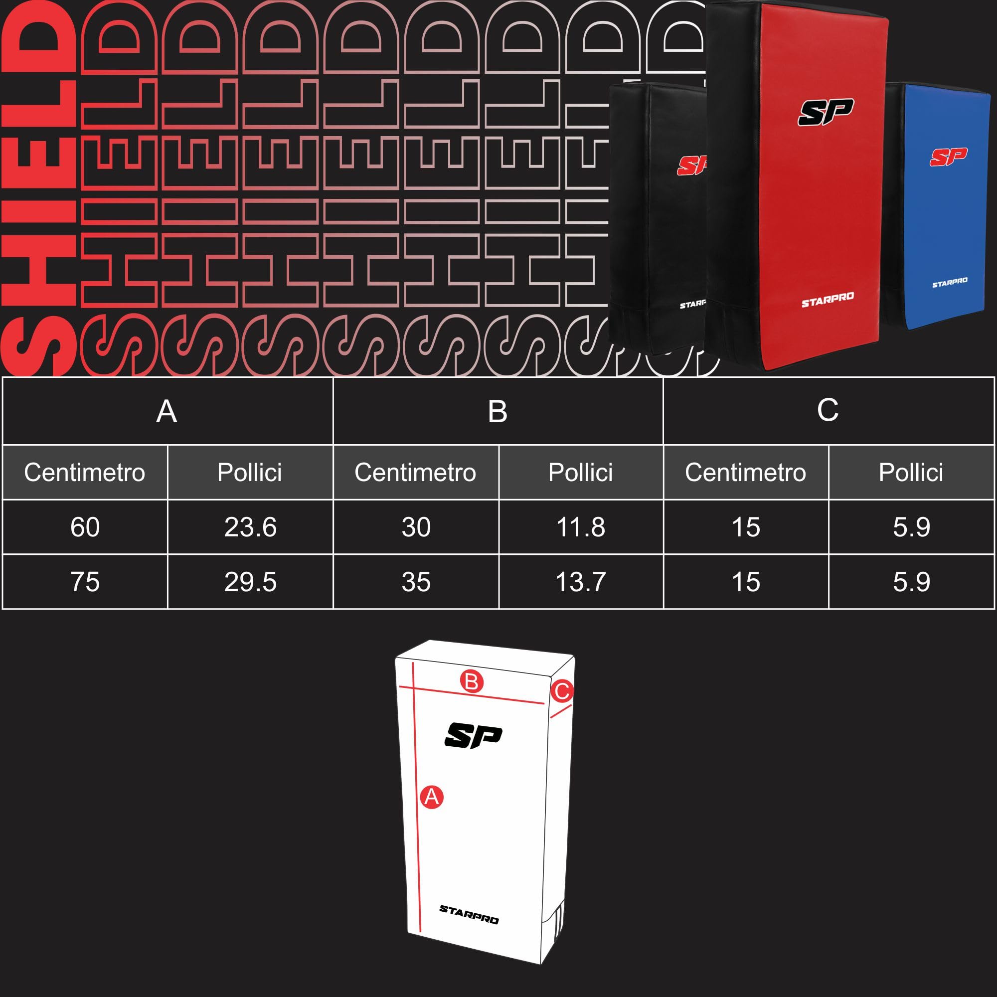 Starpro Scudo da Boxe in Triplo Vinile High-Tech. Scudo Colpitore per Allenamento e Combattimento MMA, Muay Thai, Karate, Arti Marziali e Kickboxing - Nero, Rosso e Nere o Blu e Nero - Varie Misure