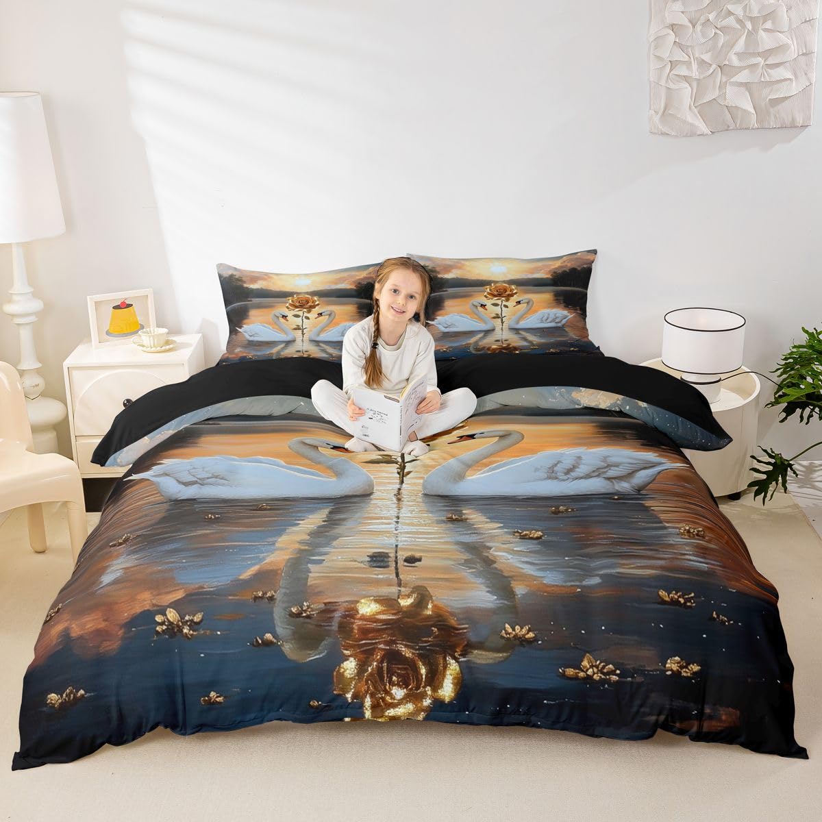 Housse de couette cygne King Size anti-plis pour grand lit enfant et adolescent