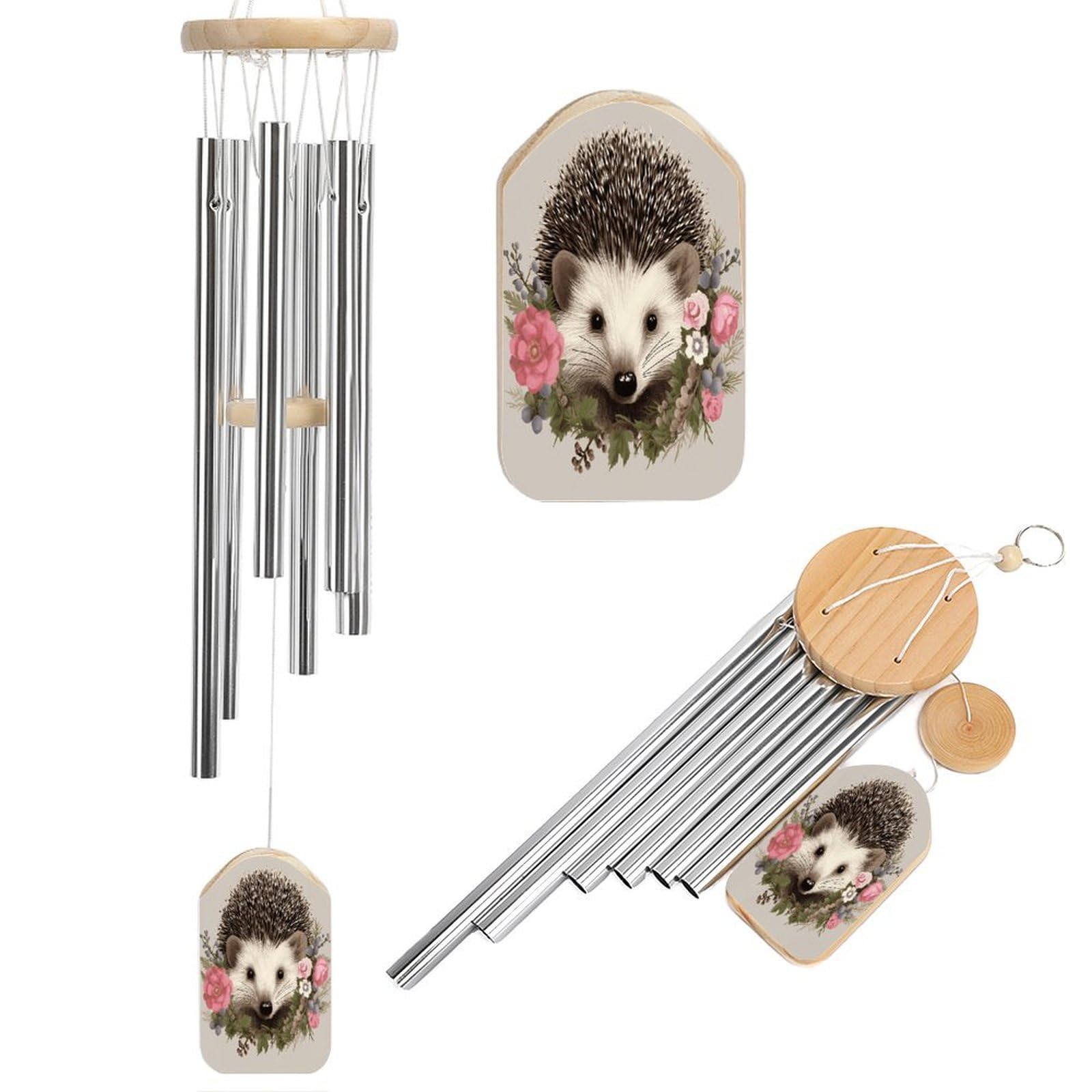Btcowzrv Style Hedgehog In Floral Wreath Wind Chimes For Outside, Hanging Windchimes With 6 Aluminum Tubes, Memorial Wind Chime For Patio Backyard Garden And Outdoor Decor