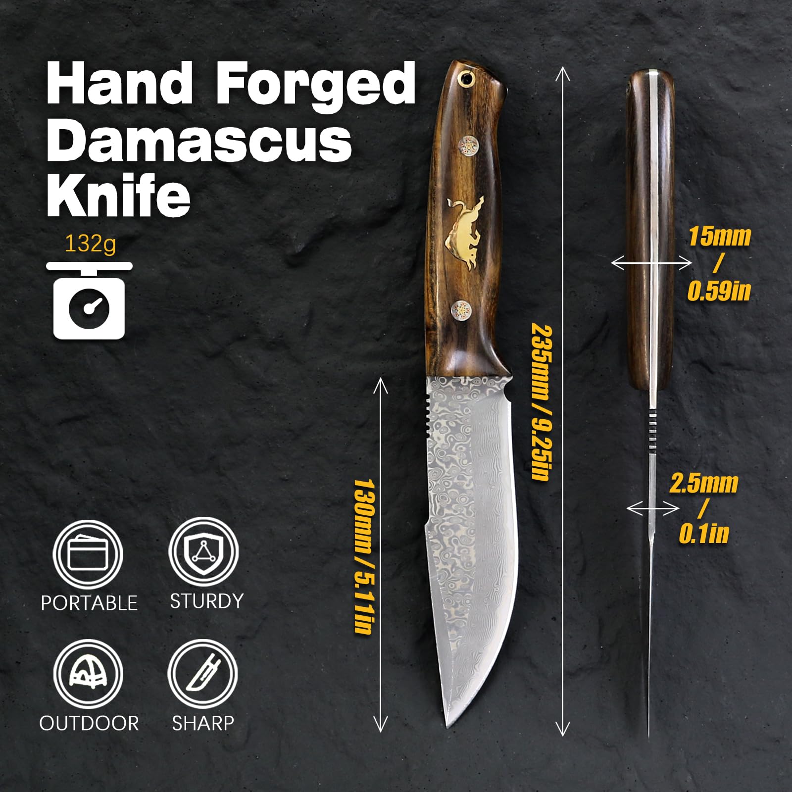 Damast Jagdmesser Handgeschmiedet - 23,5 cm Outdoor Gürtelmesser Full Tang aus 77 Lagen Damaszener Stahl, Feststehende Klinge, Edelholz-Griff mit Kunstlederscheide für Camping