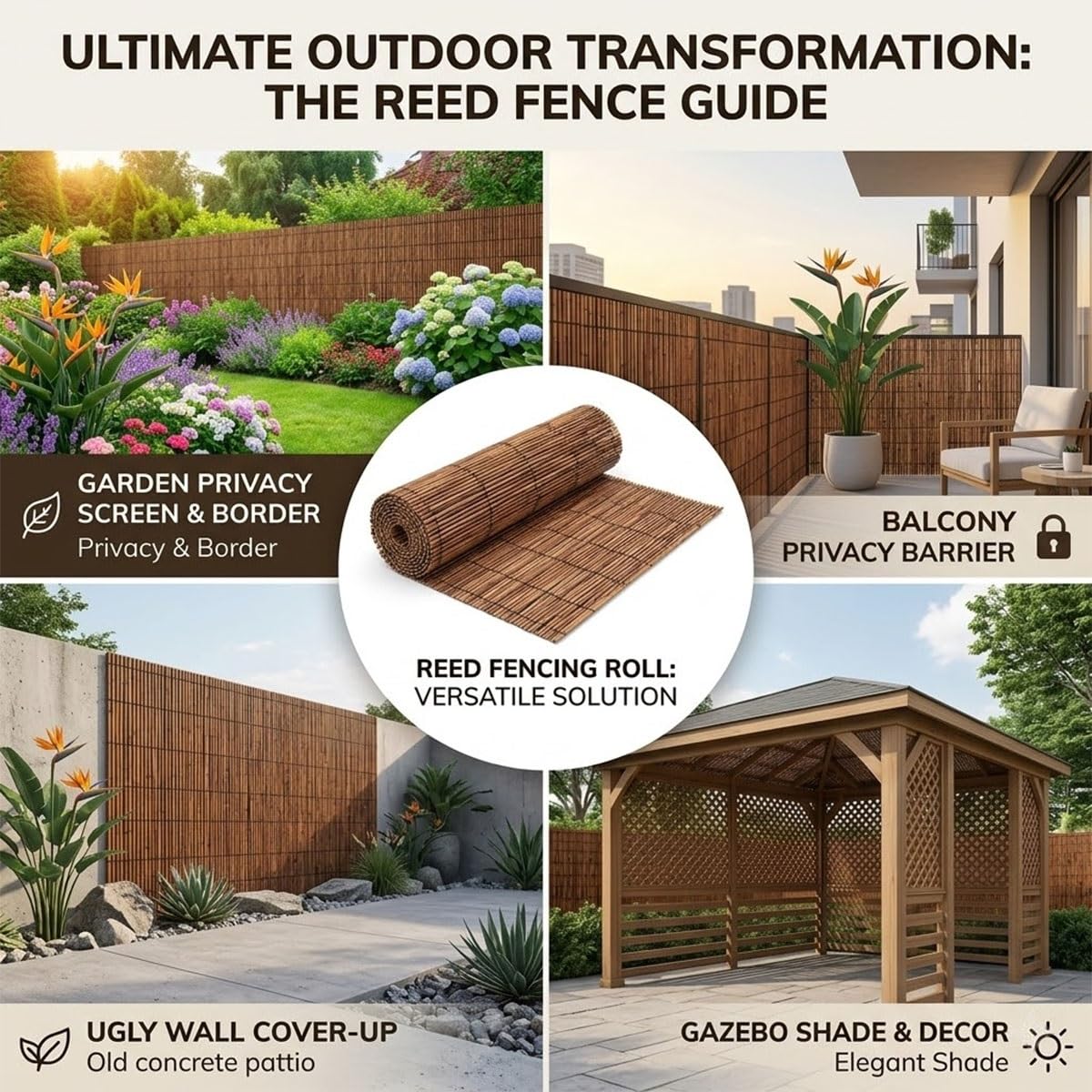 Générique Canisse en Roseau Naturel, Rouleau Canisse Bambou Roseau Naturel Brise Vue Jardin pour Grillage, Pare Vue Extérieur Découpable et Respirant, Clôture Occultante Décorative Facile à Installer