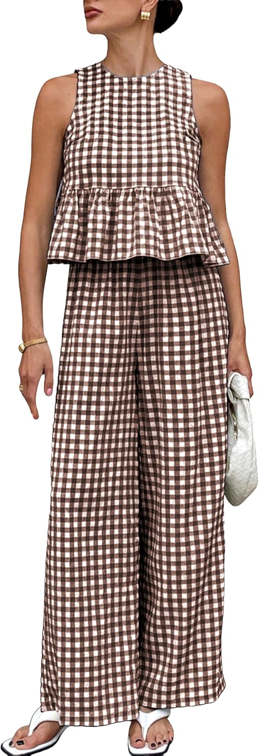 Womens 2 Piece Outfits Sets Gingham Plaid Sleeveless Ruffle Tank Tops and Wide Leg Pants Summer Matching Lounge Sets