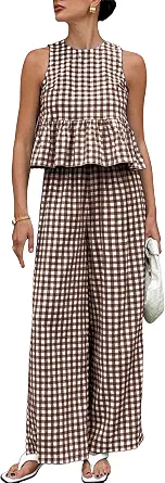 Women's 2 Piece Gingham Plaid Tank Top and Wide Leg Pants Set